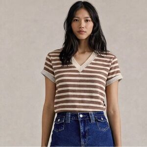 Sanctuary Striped V-Neck Short Sleeve Tee - Brown & Cream